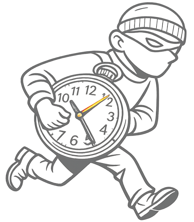 Ilustración minimalista de un ladrón corriendo con un reloj